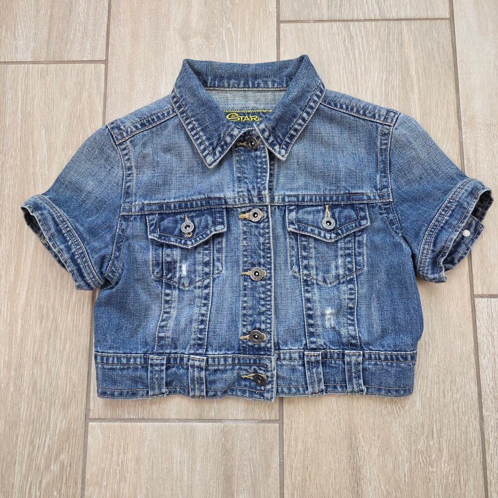 Star Jeans Y2K Denim Jacket Womens S Cropped Short Sleeve Distressed Blue